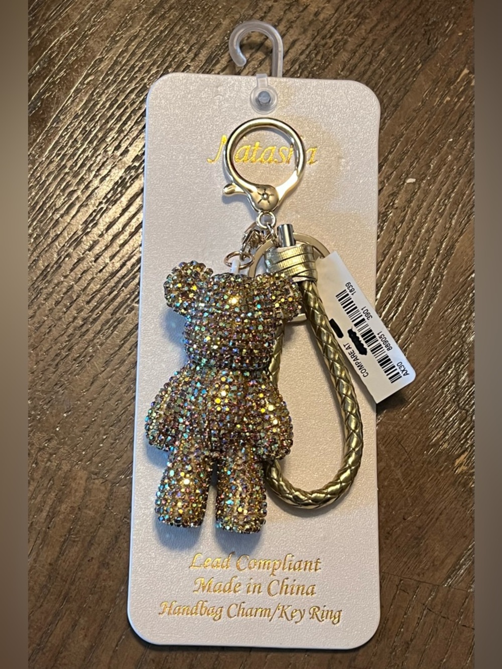 Rhinestone Teddy Bear Keychain Charm - Gold Sparkle